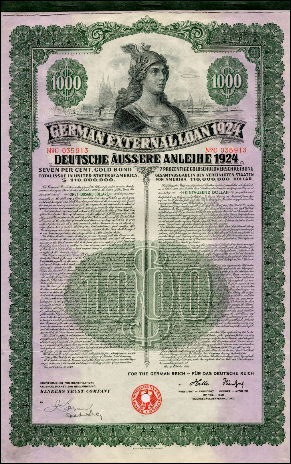 Deutsches Auslandsanleihe-Zertifikat aus dem Jahr 1924 mit einem Porträt einer Frau, mit gedrucktem Text und numerischen Nennbetragsdetails auf altem Papier.