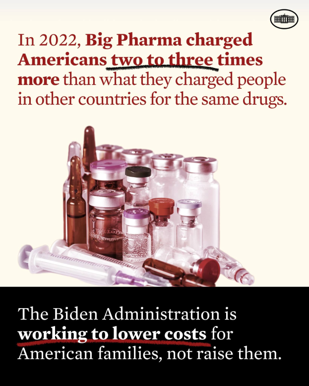 Plakat mit Text, der besagt, dass Big Pharma Amerikaner im Jahr 2022 zwei bis drei Mal so viel für dieselben Medikamente berechnet hat wie andere Länder, mit Flaschen und einer Spritze.