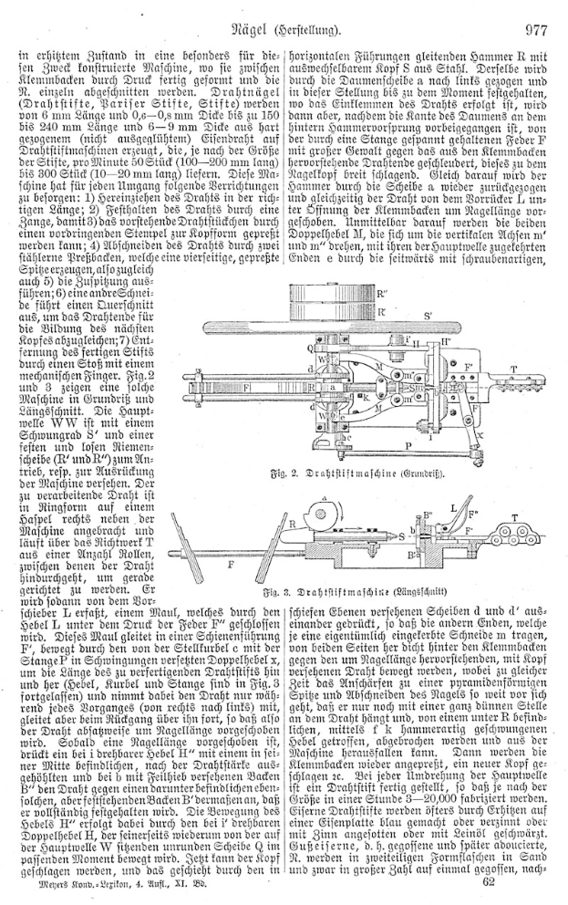 Eine Buchseite mit einer technischen Zeichnung einer Maschine, die mit "Deutsches Patent 977,977" beschriftet ist, umgeben von mehreren kleineren Abbildungen der Maschine.
