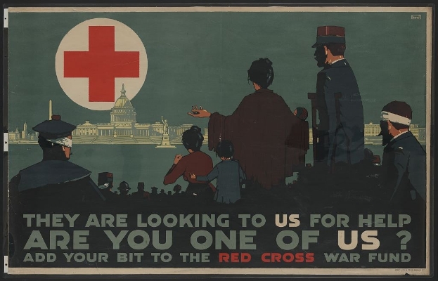 Plakat mit einer Gruppe von Menschen vor einem Gebäude mit einem roten Kreuz, auf dem um Unterstützung für den Roten Kreuz-Kriegsfonds gebeten wird mit dem Text "Sie schauen zu uns um Hilfe, bist du einer von uns? Tragen Sie Ihren Teil zum Roten Kreuz-Kriegsfonds bei."