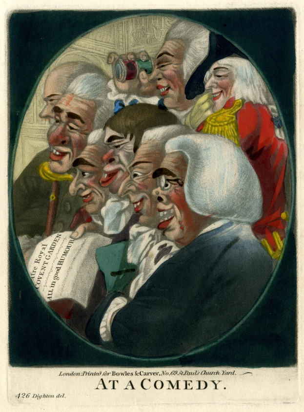 Gruppe von Menschen in einem Kreis lachend, einer h├Ąlt ein Blatt Papier in der Hand, mit "Bei einer Kom├Âdie"-Text unten.