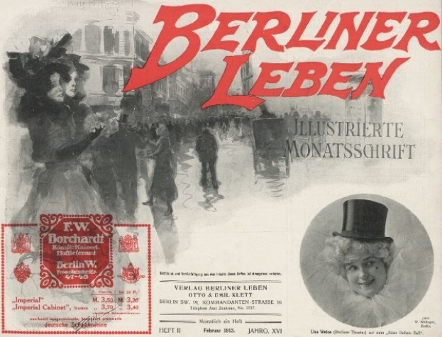 Eine Frau in einem Zylinder und ein Mann in einem Anzug sind auf einem Plakat für das Berliner Leben Theater zu sehen, mit Text, einem Stempel und Gebäuden im Hintergrund.