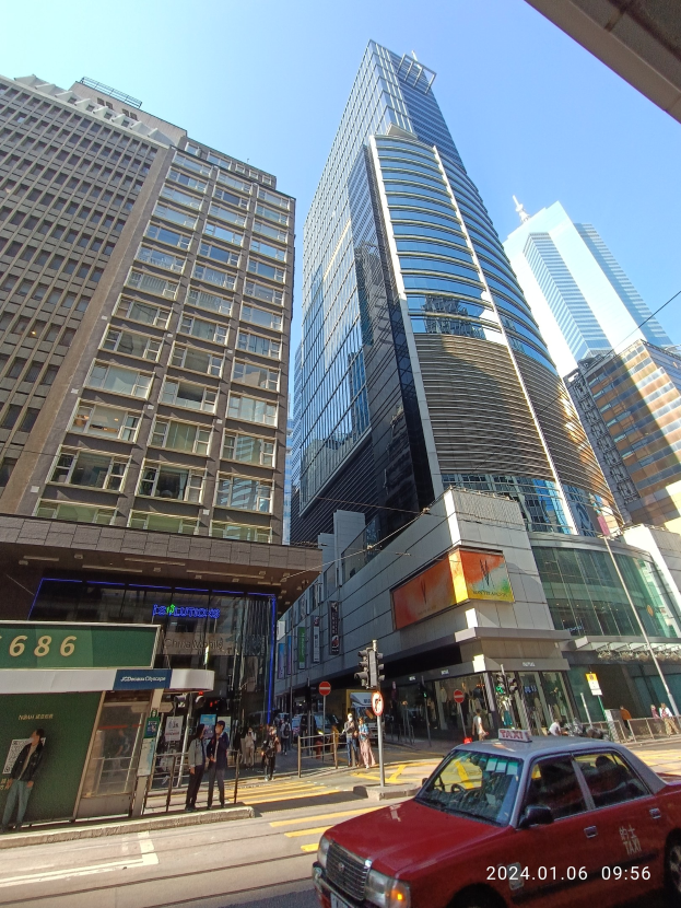 Roter Wagen auf einer Stadtstraße neben hohen Wolkenkratzern mit Passanten auf dem Gehweg, Verkehrsampeln, Schildern und Namensschildern sichtbar unter einem klaren Himmel.