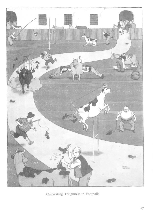 Schwarzer und weißer Zeichnung von Menschen und Tieren in einem Feld mit einer Wand und Fenstern im Hintergrund, mit dem Text "Zähigkeit im Fußball kultivieren" unten.