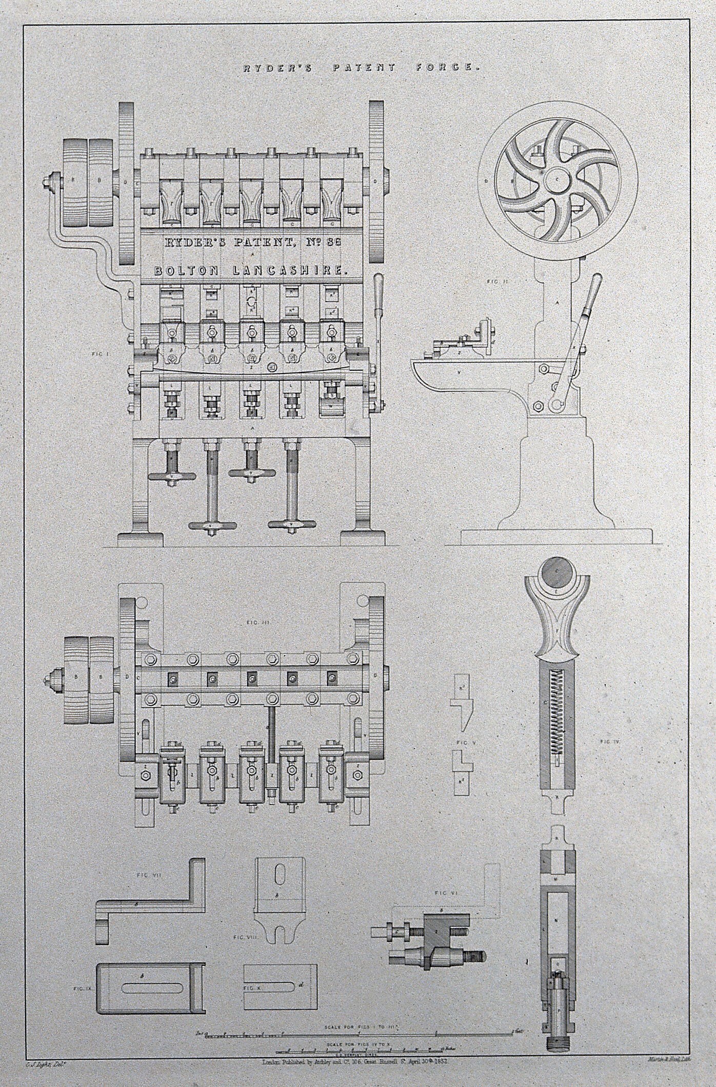 Schwarz-weiß-Zeichnung einer hydraulischen Pressmaschine mit einem großen Rad, begleitet von handgeschriebenem Text, der ihre Komponenten und den Betrieb beschreibt.
