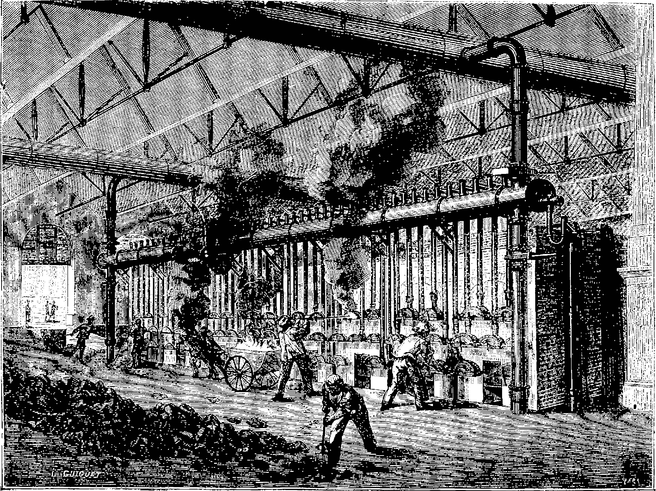 Schwarz-weiß-Zeichnung einer belebten Stahlfabrik der 1910er Jahre mit Arbeitern, Pfählen und Maschinen.