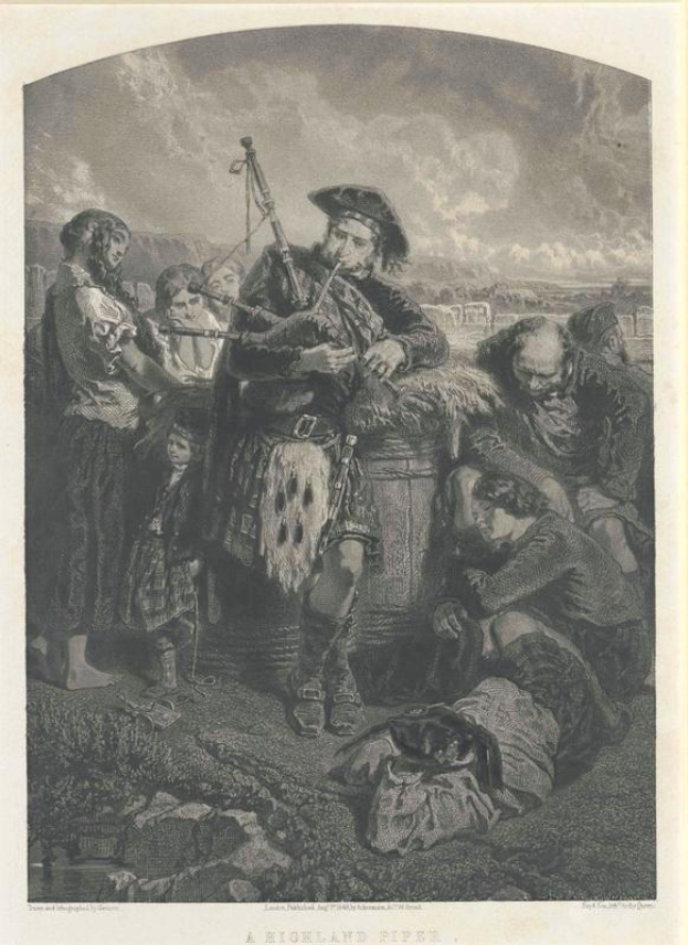 Schwarze und weiße Gravur eines Mannes, der eine Dudelsackpfeife vor einer Gruppe von Menschen unter einem bewölkten Himmel spielt, mit dem Text "Ein Highland Dudelsack" unten.