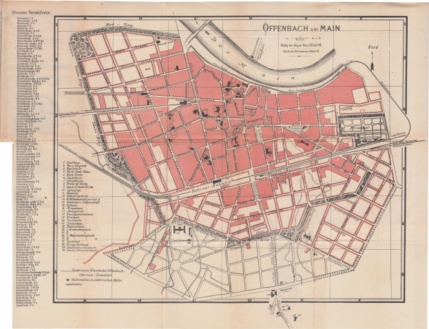 Ein detailliertes altes Stadtplan von Offenbach, Deutschland, auf einem weißen Hintergrund, der Straßen, Gebäude, Sehenswürdigkeiten und Text mit Informationen über die Bevölkerung und bekannte Orte zeigt.