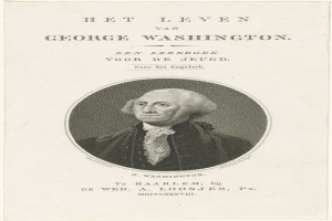 Porträt von George Washington auf Papier mit Text, der nach vorne schaut und einen ernsten Ausdruck hat, mit Krawatte und zurückgekämmtem Haar.
