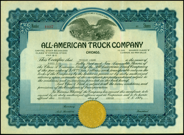 Ein Aktienzertifikat einer US-amerikanischen Lkw-Firma mit schwarzem Rand und goldenem Siegel in der Mitte, das Text enthält, der die Unternehmensinformationen beschreibt.