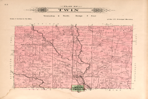 Ein altes Stadtplan von Twin, Minnesota, mit Straßen, Parks und Sehenswürdigkeiten mit Text oben und unten.