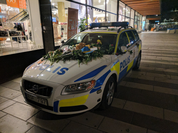 Ein mit Blumen und Blättern geschmückter Polizeiwagen parkt vor einem Geschäft mit Glaswänden bei Nacht, das Schaufensterpuppen in Kleidern und beleuchtete Schilder zeigt, mit Bäumen und Gebäuden im Hintergrund.