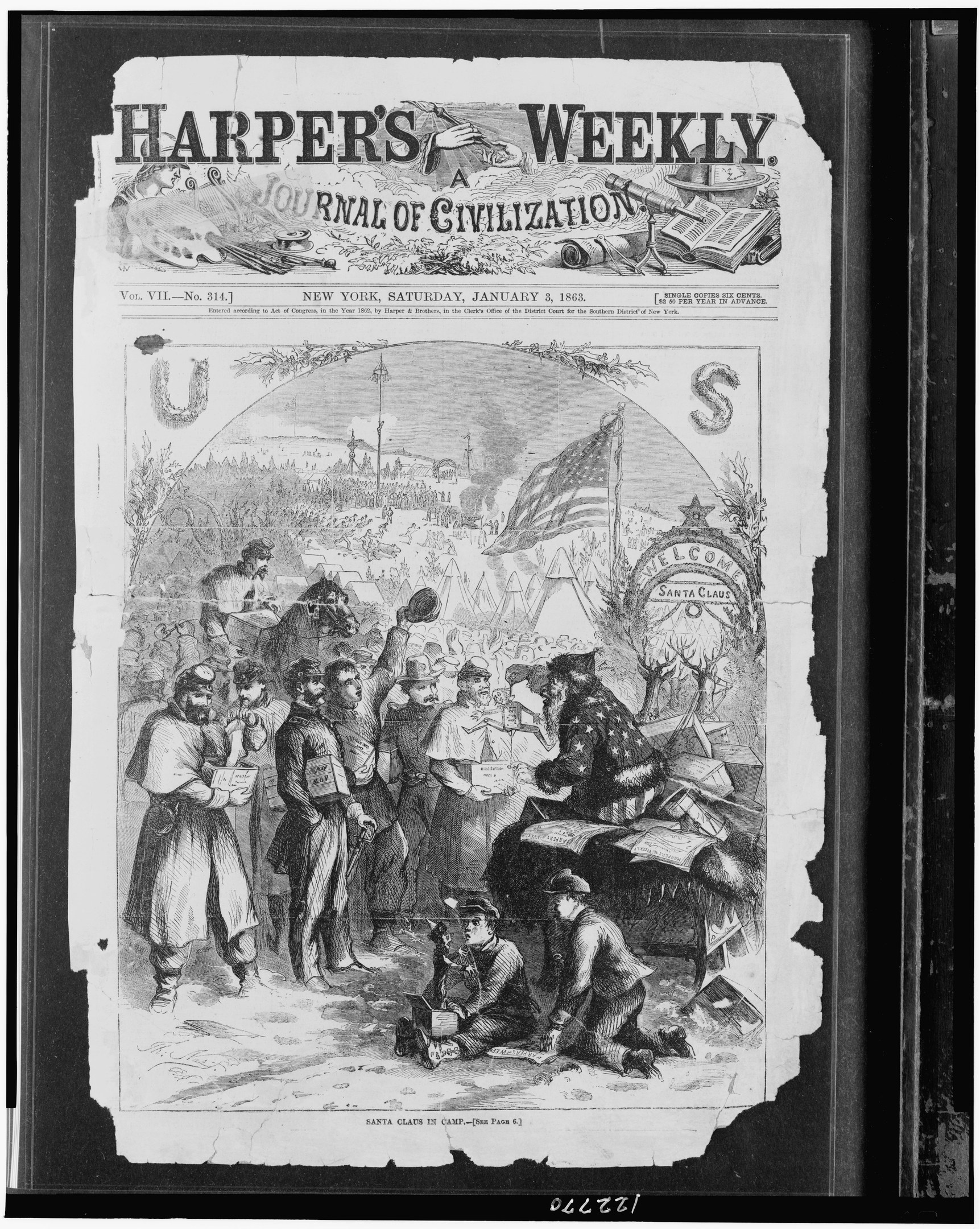 Schwarz-weißes Foto von Menschen, die sich um eine Zeitung mit der Überschrift 'Harper's Weekly Journal of Civilization' versammeln