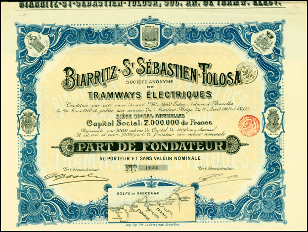 Altes Aktienzertifikat mit schwarzem Rand, das ein Porträt eines Mannes in Anzug und Krawatte zeigt und gedruckten Text enthält, der darauf hinweist, dass es eine Anleihe ist.