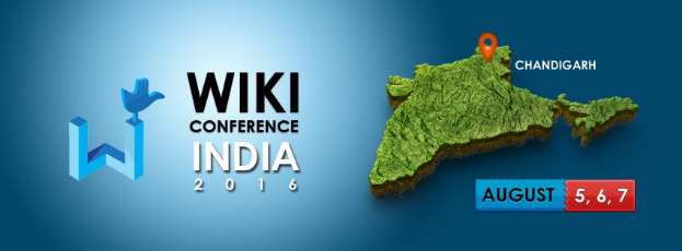 Eine Karte von Indien mit dem Text "Wiki Conference India 2016" über Chandigarh, die geografische Merkmale wie Berge, Flüsse und Städte hervorhebt.
