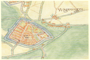Ein detaillierter Stadtplan von Wageningen, Deutschland, der Straßen, Gebäude und Sehenswürdigkeiten zeigt, mit Texten, die zusätzliche Informationen bieten.