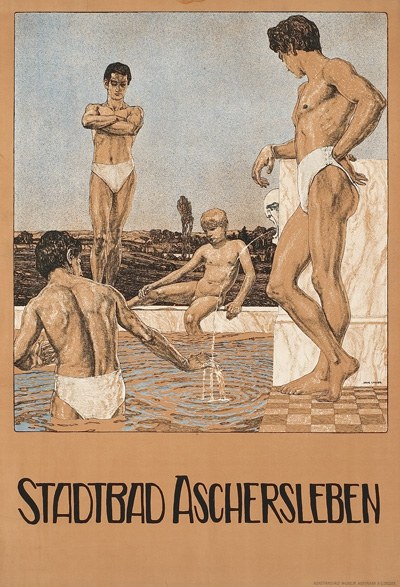Gruppe von Menschen, die in einem Schwimmbad stehen und sitzen, auf einem Plakat für das Schwimmbad und die Einrichtungen in Aschersleben, Deutschland.