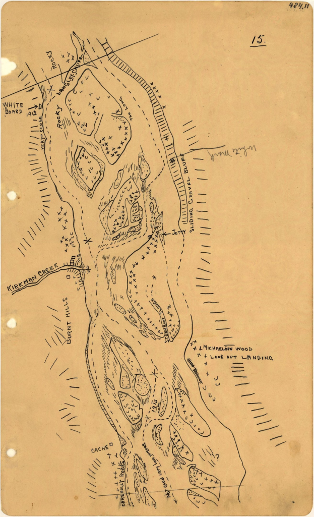 Detailiertes altes Stadtplan auf altem Papier mit handgeschriebenem Text, der Straßen, Gebäude, Parks und Sehenswürdigkeiten beschreibt.