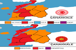 Eine Karte von Türkei, die in verschiedenen Farben dargestellt ist, um den prozentualen Anteil der Bevölkerung in jedem Gebiet zu zeigen, mit der Anzeige des Textes "Canakkale Wahlresultate 2018".