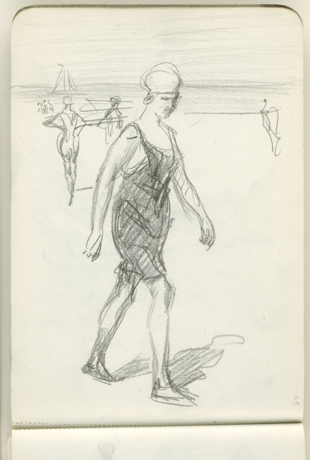 Eine Skizze einer Frau in einem langärmligen Kleid mit hohem Kragen und einem Dutt, die bei Sonnenuntergang auf einem Strand spazieren geht mit einem warmen orangen Glühen.