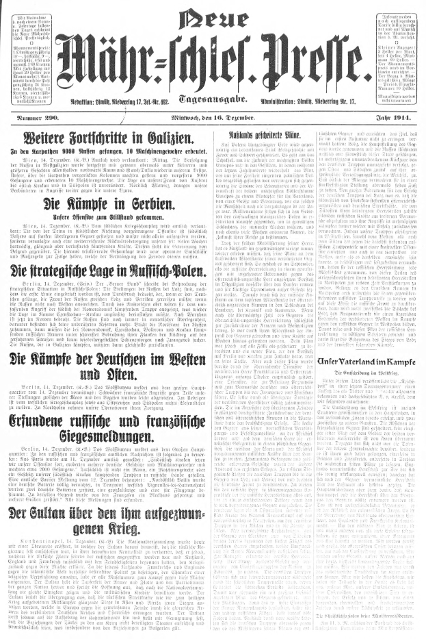 Schwarze und weiße Titelseite einer deutschen Zeitung vom 18. September 1914 mit einem Mann im Anzug und Krawatte.