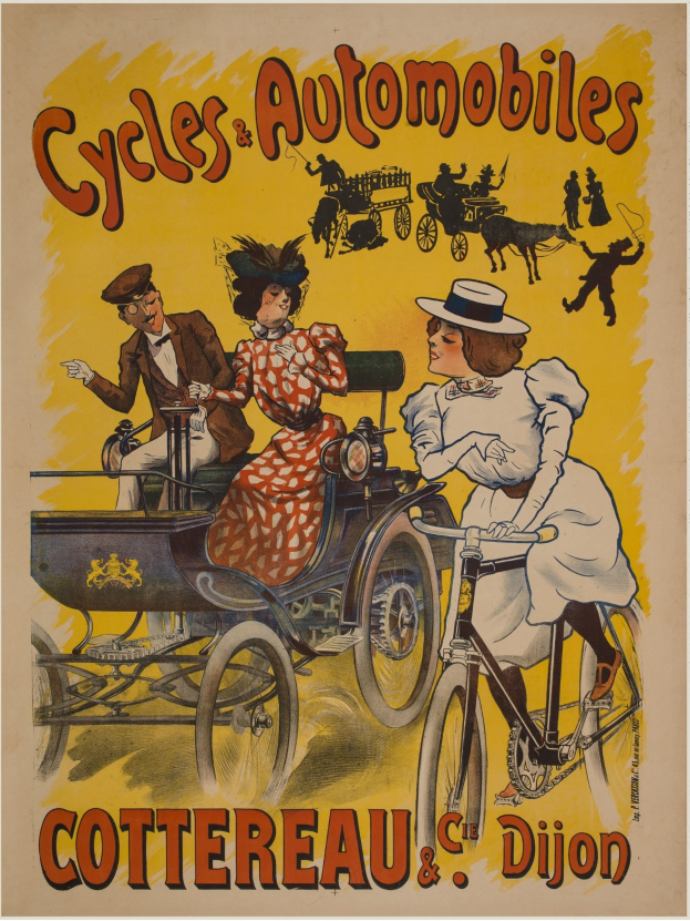 Ein Vintage-Plakat, das Fahrräder und Automobile in Cottereau und Dijon, Frankreich, bewirbt, zeigt Menschen auf Fahrrädern und eine Kutsche mit dem Text 'Fahrräder und Automobile' oben.