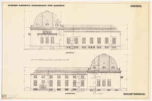 Ein detailliertes Zeichenbild des Wiesbaden Museums in Deutschland, ein Gebäude mit einem prominenten Kuppel, auf einem Blatt Papier mit begleitendem Text.