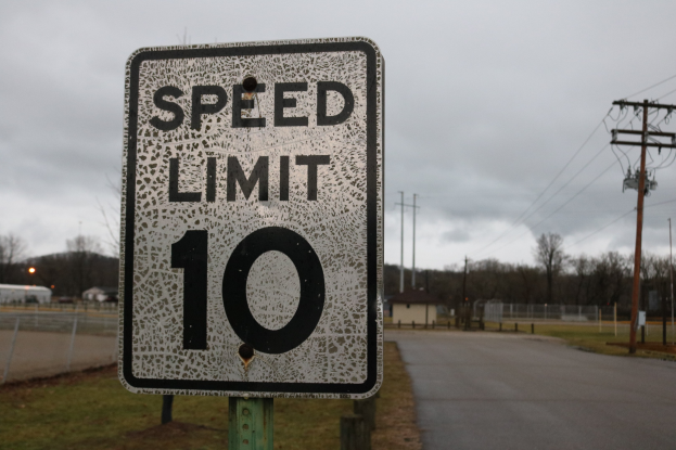 Geschwindigkeitsbegrenzungsschild am Straßenrand mit Gras, Strommasten, Häusern, Bäumen und einem bewölkten Himmel im Hintergrund.