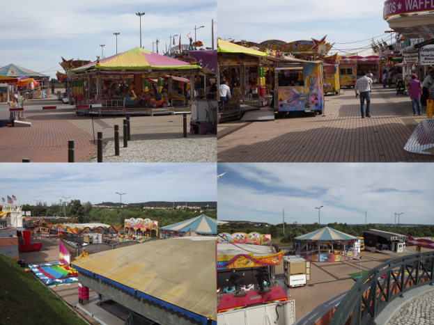 Eine lebendige Karnevalsszene mit verschiedenen Fahrgeschäften, Buden, Menschen, Pfählen, Lichtern, vor einem Hintergrund aus Bäumen und einem bewölkten Himmel, mit einem Wasserzeichen.