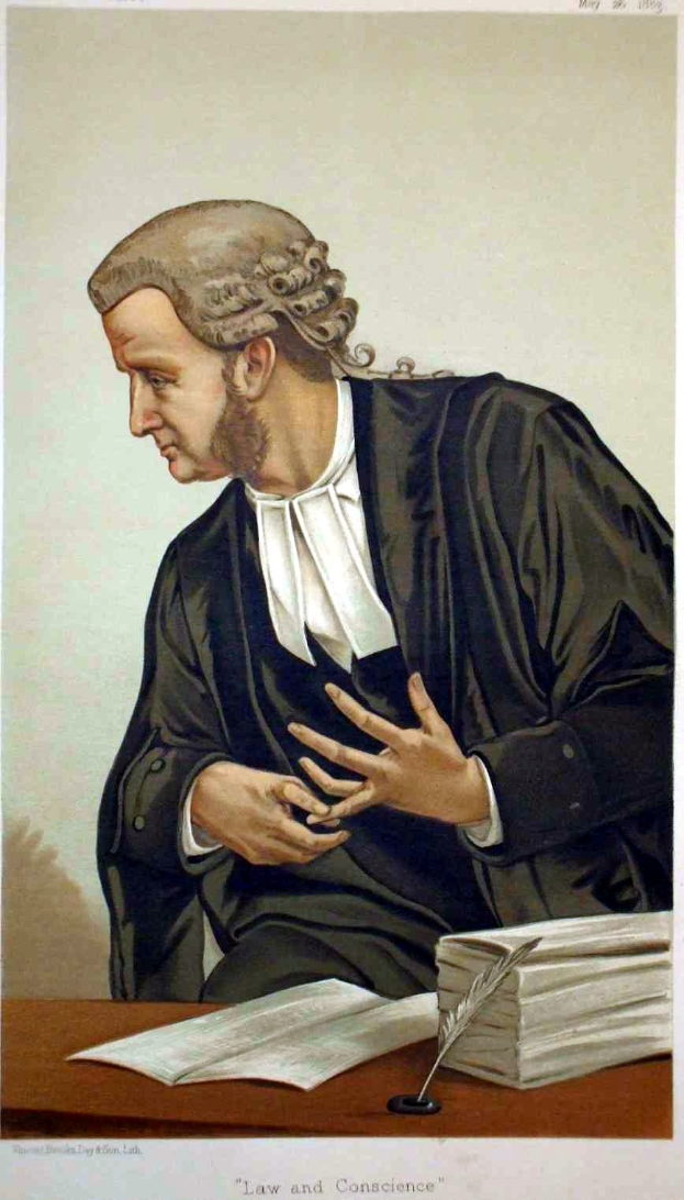Ein Mann in einer schwarzen Robe sitzt an einem Tisch mit Büchern und einer Feder-Schreibfeder, mit Text unten, der "Gesetz und Gewissen der Vereinigten Staaten" liest.