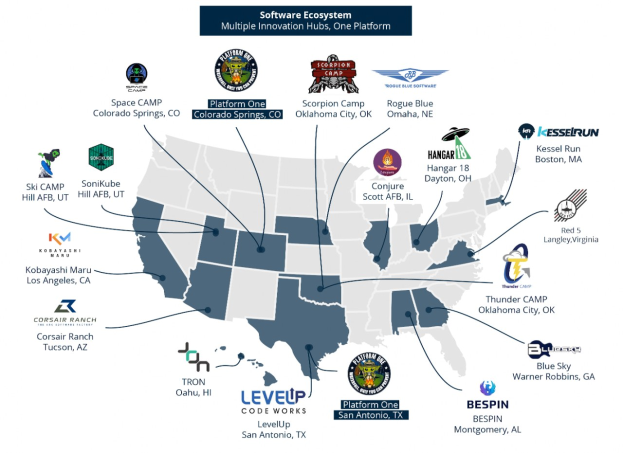 Eine Karte der Vereinigten Staaten, die Unternehmenslogos anzeigt, um die Standorte des Software-Ökosystems darzustellen, mit begleitendem Text, der zusätzliche Unternehmens- und Standortdetails bereitstellt.
