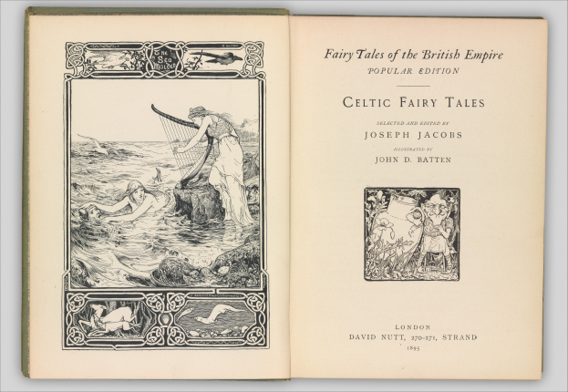 Offenes Buch mit einer Illustration eines keltischen Feenmärchens auf dem Cover, das detaillierte und leuchtende Farben aufweist und auf einer flachen Oberfläche mit sichtbarem Text auf der Seite liegt.