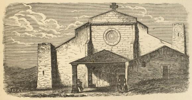 Eine Gravur der Kirche des Heiligen Grabes mit einer Uhr an der Vorderseite, umgeben von Menschen und einem wolkenverhangenen Himmel, mit der Kirche's Namen unten.