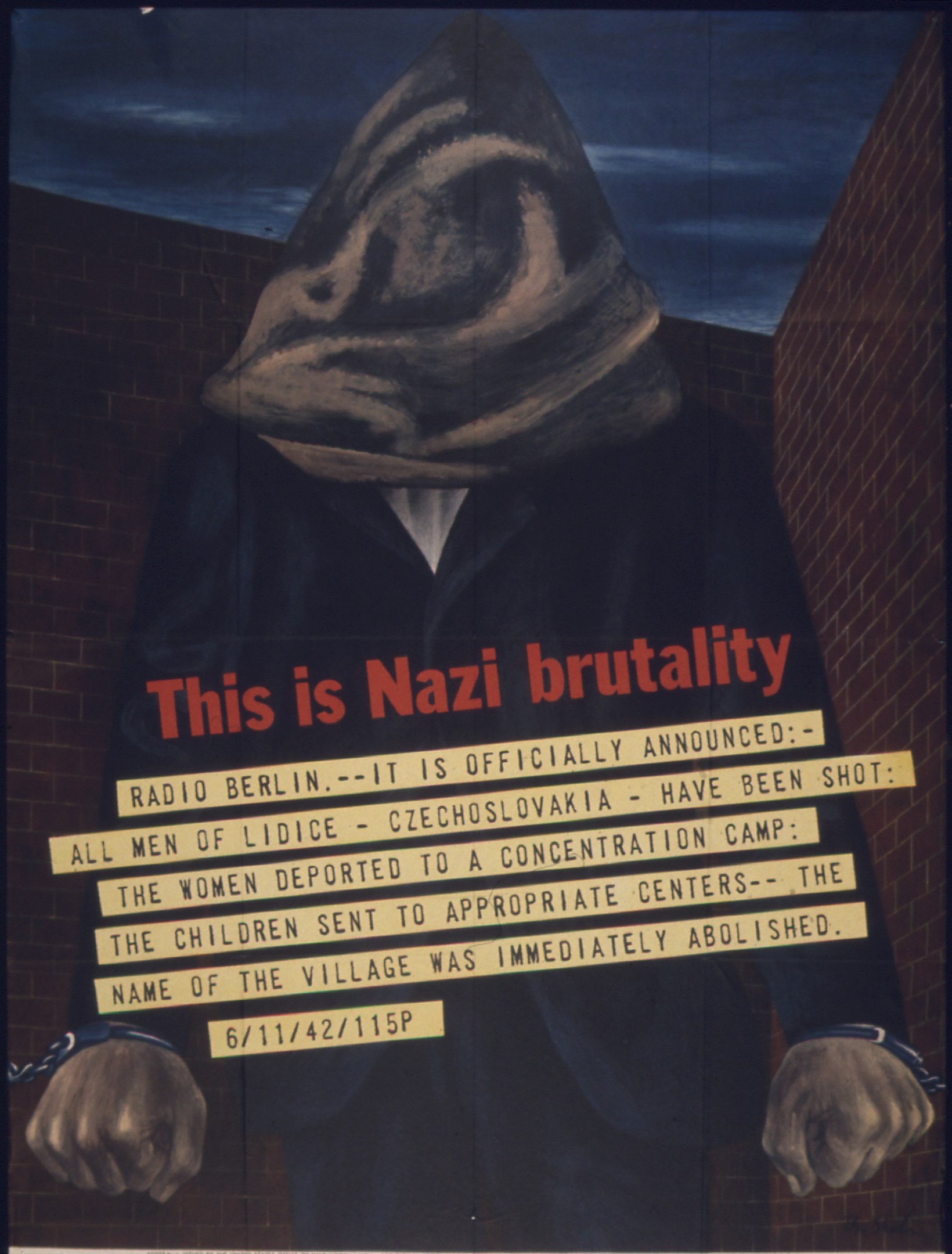Plakat an einer Wand mit einer Person in schwarzer Kapuzenjacke und strenger Miene, die eine Maske trägt, mit fetter weißer Schrift, die 'Das ist Nazi-Gewalt.'