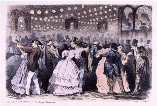 Eine Gruppe von Menschen, die in einem Ballsaal tanzen, mit beleuchteten Wänden und einem Textüberblatt, das unten 'Madame Baille Nacional en la Campagne Bleuet, 1860' lautet.